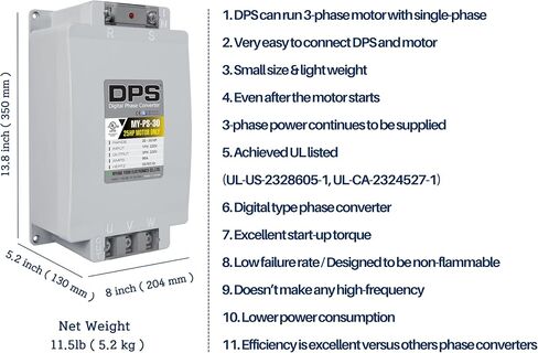 DPS Sinlge Phase to 3 Phase Converter, 30HP, 90A, Input/Output 200V - 240V MY-PS-30 Model Must Be Used for 25HP(18.7kW) 75A Motor, DPS Must Be Used for 1 Motor Only, UL-Listed in Saudi Arabia