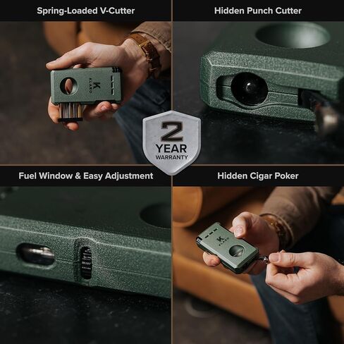 KLARO Double Torch Lighter and V-Cut Cutter, Spring-Loaded V-Cut, Swivel Protective Flame Cover, Hidden Poker, Gift-Ready with Silicone Sleeve, Ranger Green Powder-Coated Finish, Cigar Lighter for Men in Kuwait