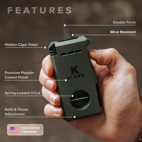 KLARO Double Torch Lighter and V-Cut Cutter, Spring-Loaded V-Cut, Swivel Protective Flame Cover, Hidden Poker, Gift-Ready with Silicone Sleeve, Ranger Green Powder-Coated Finish, Cigar Lighter for Men in Kuwait
