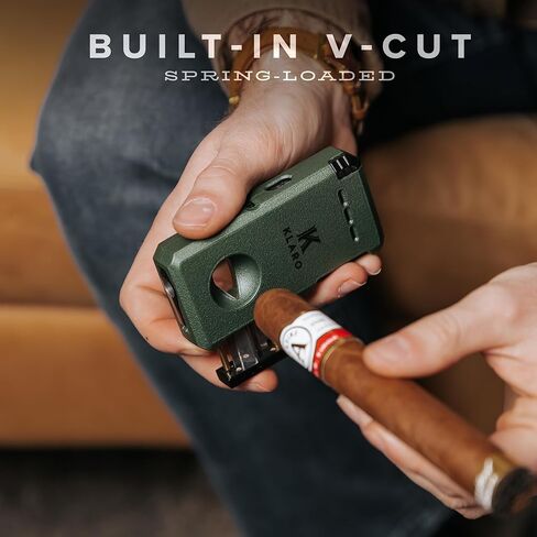 KLARO Double Torch Lighter and V-Cut Cutter, Spring-Loaded V-Cut, Swivel Protective Flame Cover, Hidden Poker, Gift-Ready with Silicone Sleeve, Ranger Green Powder-Coated Finish, Cigar Lighter for Men in Kuwait