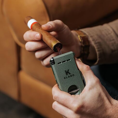 KLARO Double Torch Lighter and V-Cut Cutter, Spring-Loaded V-Cut, Swivel Protective Flame Cover, Hidden Poker, Gift-Ready with Silicone Sleeve, Ranger Green Powder-Coated Finish, Cigar Lighter for Men in Kuwait
