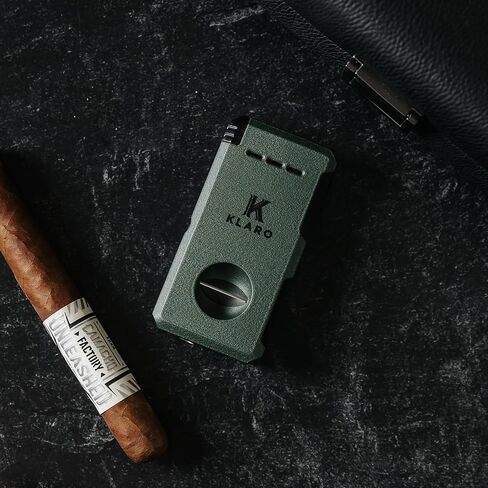 KLARO Double Torch Lighter and V-Cut Cutter, Spring-Loaded V-Cut, Swivel Protective Flame Cover, Hidden Poker, Gift-Ready with Silicone Sleeve, Ranger Green Powder-Coated Finish, Cigar Lighter for Men in Kuwait