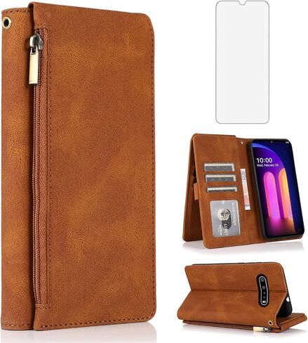 Asuwish Compatible with LG V60 ThinQ V60ThinQ 5G G9 Thin Q Wallet Case Screen Protector Zipper Retro Leather Flip Cover Card Holder Stand Cell Accessories for LGV60 V 60 60ThinQ 60V Women Men Brown in Saudi Arabia
