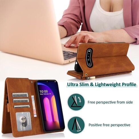 Asuwish Compatible with LG V60 ThinQ V60ThinQ 5G G9 Thin Q Wallet Case Screen Protector Zipper Retro Leather Flip Cover Card Holder Stand Cell Accessories for LGV60 V 60 60ThinQ 60V Women Men Brown in Saudi Arabia