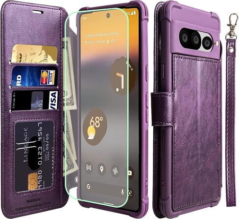VANAVAGY Wallet Case Compatible for Google Pixel 7 Pro for Women Men,RFID Flip Leather Cover with Wrist Supports Wireless Charging with Card Holder Glass Screen Protector,Purple in Kuwait