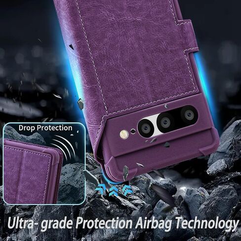 VANAVAGY Wallet Case Compatible for Google Pixel 7 Pro for Women Men,RFID Flip Leather Cover with Wrist Supports Wireless Charging with Card Holder Glass Screen Protector,Purple in Kuwait