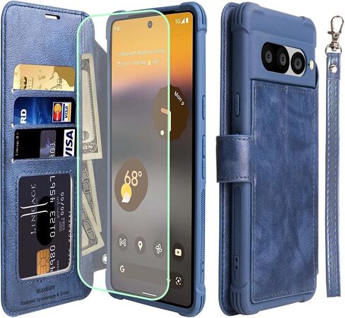 VANAVAGY Wallet Case Compatible for Google Pixel 7 Pro for Women Men,RFID Flip Leather Cover with Wrist Supports Wireless Charging with Card Holder Glass Screen Protector,Purple in Kuwait