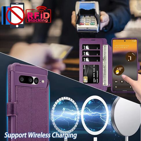 VANAVAGY Wallet Case Compatible for Google Pixel 7 Pro for Women Men,RFID Flip Leather Cover with Wrist Supports Wireless Charging with Card Holder Glass Screen Protector,Purple in Kuwait