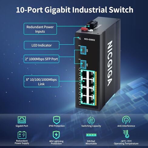 NICGIGA 10 Port Hardened Industrial Gigabit Ethernet Switch, with 8 x 1000Mbps RJ45 Ports +2 SFP Uplink Network Switch. DIN-Rail & Mount, IP40 Metal Enclosure(-30° to 75°) in Kuwait