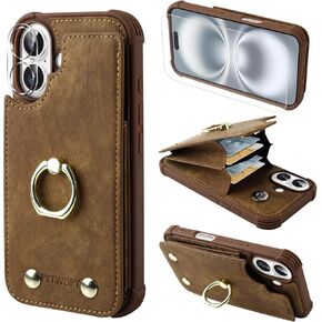Wallet Case Compatible for iPhone 16 6.1 inch with Credit Card Holder,Shockproof Protective Phone Cover Supports 360°Rotation Ring Stand and RFID Blocking,Dark Purple