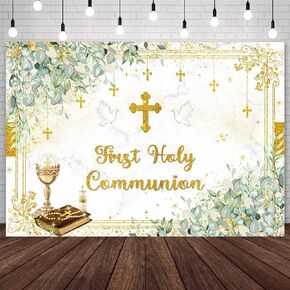 7x5ft Greenery Baptism Backdrop First Holy Communion Christening Party Decorations Gold Eucalyptus God Bless Mi Bautizo Party Banner Photo Studio Props