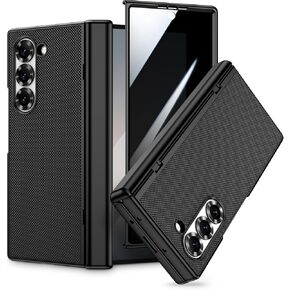 VEGO Galaxy Z Fold 6 Case with Built-in Privacy Screen Protector & Hinge Protection, Slim PU Leather Case for Samsung Galaxy Z Fold 6 5G - Carbon Fiber Black