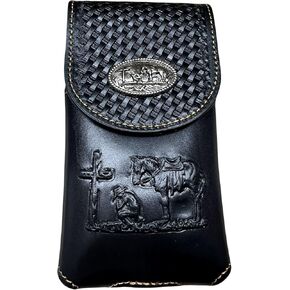 Western Leather Phone Belt Holster Cell Phone Case Phone Pouch Embossed Cowboy Tooled Cowboy Praying Concho Basketweave for iPhone Samsung 15 Plus 14 Pro Max Universal (DK Coffee)
