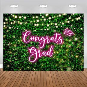Mocsicka 2025 Congrats Grad Backdrop Green Leaves Graduation Party Decorations Greenery Wall Graduation Prom Photography Background Supplies (Pink, 7x5ft(82''x60''))