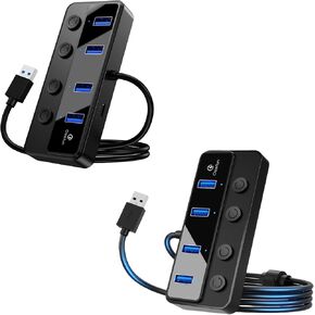 Qeefun 4-Port USB Hub 3.0, Individual LED Power Switches, 2ft USB Extension Cable, Bundle of 4-Port USB 3.0 Hub, Individual LED Power Switches, 4ft USB Extension Cable