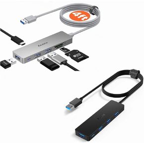 Aceele 6 in 1 USB 3.0 Hub Bundle of 4 in 1 USB 3.0 Hub, 4ft Extended Long Cable, Ultra-Slim Multiport Expander for Desktop Computer PC, Laptop, Chromebook, Mac Mini, iMac, PS4, Flash Drive Data