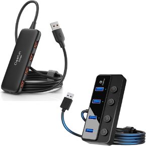 Qeefun 10Gbps USB 3.2 Hub with 4 USB A Data Ports, USB 3.2 Gen 2 Splitter, 4ft Extended Long Cable, Bundle of 4-Port USB 3.0 Hub, Individual LED Power Switches, USB Multiport Splitter with 4ft USB Ext
