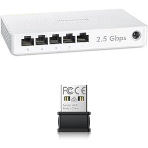 BrosTrend 5 Port 2.5GB Switch, 2.5 Gigabit Unmanaged Ethernet Switch, Multi-Gigabit Network Switch Lifetime Protection + AX300 Nano WiFi 6 Adapter, Portable USB WiFi Dongle for Windows 11/10/7, 2.4GHz