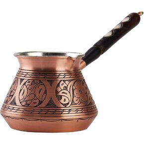 DEMMEX Thickest Copper Turkish Greek Arabic Coffee Pot, Stovetop Coffee Maker, Cezve Ibrik Briki with Wooden Handle & Spoon, Hand Engraved (Copper, 9 fl Oz-3 ppl)