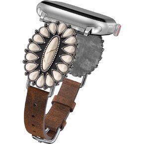Minyee Leather Band Compatible with Apple Watch Band Women 42/46/38/40/41/44/45/49mm, Western Boho Turquoise Vintage Ethnic Retro Designer Jewelry Strap for iWatch Series 10 9 SE 8 7 6 5 4 3 2 Ultra