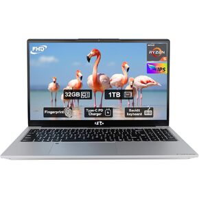 15.6" IPS FHD-Laptop, 32GB RAM 1TB SSD AMD Ryzen 5(Beat i3 1215U 4 Cores Up to 3.7GHz) Student Laptops, Business Computer with Backlit Keyboard Fingerprint 2 Years Warranty Wi-Fi 5 BT5.2 Numpad