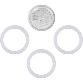 1 Filter and 3 Silicone Gasket Seals Replacement for Aluminium Moka Pot and Stovetop Espresso Coffee Maker (3 Cup)