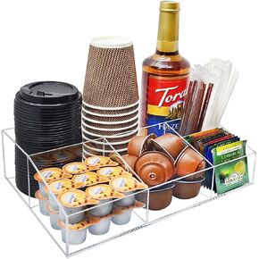 Acrylic Coffee Bar Station Organizer, Multi-Purpose Countertop Accessories for Office or Home, Holds Paper Cups, Coffee Pods, Syrups, Creamer