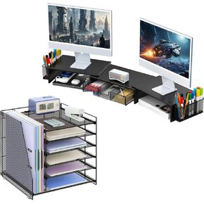 gianotter Dual Monitor Stand + 6-Tier Paper Organizer (Black)