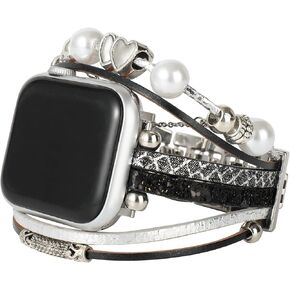 Compatible with Apple Watch Band 46mm 45mm 44mm 42mm 41mm 40mm 38mm 49mm，iwatch Series 10/9/8/7/SE/6/5/4/3/2/1/Ultra, Leather Bracelets Handmade Jewelry Adjustable Metal Clasp Multilayer Wrap Strap for Women