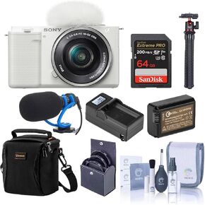 Sony ZV-E10 Mirrorless Camera, White with 16-50mm Lens, Bundle with Battery, 64GB Memory Card, Shotgun Microphone, Octopus Tripod and 40.5mm Filter Kit