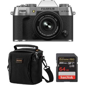 Fujifilm X-T50 Mirrorless Camera, Silver with XC 15-45mm f/3.5-5.6 OIS PZ Lens, Bundle with 64GB SDXC Memory Card, Alpine 120 Shoulder Bag