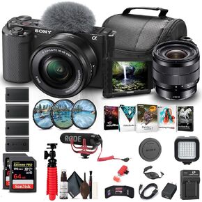 Sony ZV-E10 Mirrorless Camera (Body Only, Black) (ILCZV-E10/B) + Sony E 10-18mm Lens + 4K Monitor + Pro Mic + 2 x 64GB Memory Card + Filter Kit + Corel Software + Bag + More