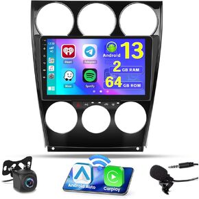 Hikity 2+64GB Android 13 Carplay Stereo for Mazda 6 2004-2015 with Wireless Carplay Android Auto Mirror Link, 9 Inch Touchscreen Radio GPS WiFi Bluetooth FM RDS MIC Backup Camera
