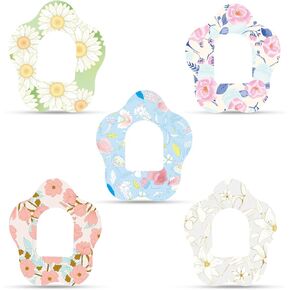 25pcs Adhesive Patches for Omnipod 5, 5 Styles Flower Shape Prints CGM Cover, Breathable Waterproof Skin Grip Insulin Monitor Overpatch Tape, Glucose Sugar Sensor Sticker Accessories for Omnipod