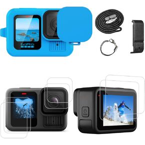 PWireless Silicone Sleeve Case for Go Pro Hero 13 Black, Accessories Kit Bundle of Battery Side Cover & Lens Guard Cap & a Set of Screen Protectors & Lanyard for Go Pro Hero 13（Blue）