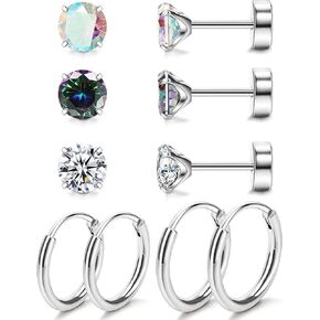 MJust Titanium Earrings for Sensitive Ears 20G Titanium Stud Earrings and Hoop earrings Ball Opal Cubic Zirconia G23 Pure Titanium Cartilage Earrings Hypoallergenic Flat Back Earrings