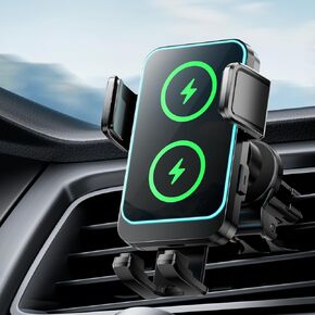 شاحن السيارات اللاسلكي ، Mount Car Car Mount Dual Coil LED 15W الهاتف الخليوي شحن سريع حامل تنفيس متوافق مع iPhone 15/14/13/13 Pro/12 Pro Max/12 Pro/12/11/10 Series ، Samsung Galaxy Series