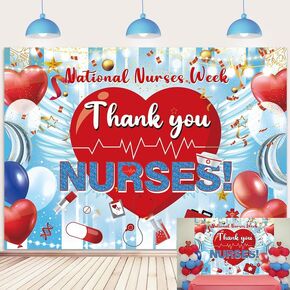 Thank You Nurses Backdrop National Nurses Week Banner 7x5FT Blue Glitter Nursing Graduation Photography Background Class of 2024 RN Medical School Graduate Prom Party Decoration Photo Props