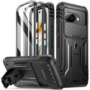 Poetic Revolution Case for Google Pixel 9A 5G, [Slide Camera Cover], Built-in Screen Protector [Work with Fingerprint ID], [2 Front Frame] Full Body Rugged Shockproof Case with Kickstand, Black