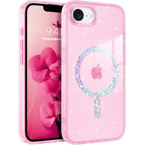 BENTOBEN Magnetic for iPhone 16e Case, Clear Crystal Glitter 16e Phone Case with Magsafe Accessories, Women Girl Clear Sparkly Cute Cover for iPhone 16E 6.1"/ SE4 2025, Clear Hot Pink Glitter