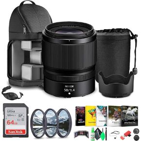 Nikon NIKKOR Z 50mm f/1.4 Mirrorless Camera Lens Z (20128) + Sling Backpack + Photo Software + 64GB Memory Card + Lens Filter Kit + Flexible Tripod + Cleaning Kit + Hand Strap + More