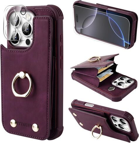 Wallet Case Compatible for iPhone 16 6.1 inch with Credit Card Holder,Shockproof Protective Phone Cover Supports 360°Rotation Ring Stand and RFID Blocking,Dark Purple in Saudi Arabia