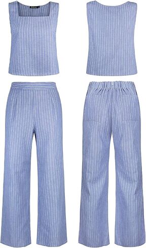ROYLAMP Women's Summer 2 Piece Outfits Sleeveless Square Neck Tops Wide Leg Pants set Jumpsuit with Pockets in Kuwait