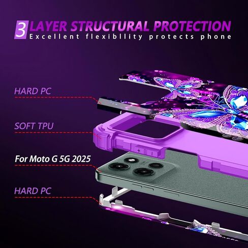 Miqala for Moto G 5G 2025 Case ، توهج في الطبقة المظلمة الثلاثة للخدمة الثقيلة ، الحماية الكاملة من الصدمات الكاملة المصد من البلاستيك الصلب+حالة حماية سيليكون ناعمة لـ Motorola Moto G 5G 2025 ، Amaranth Dark in Kuwait
