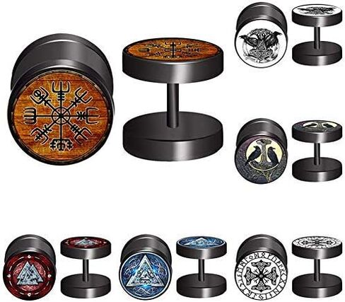 FLYUN Viking Earrings for Men, Fake Gauges, Mens Earrings, Viking Runes Earring Meaning Happiness Joy Wealth Love Power Strength Screw Flat Back Black Stud Faux Ear Plug in Kuwait