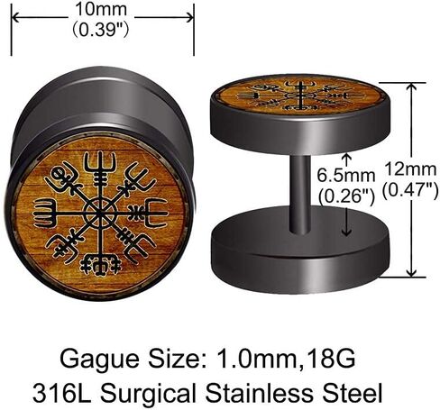 FLYUN Viking Earrings for Men, Fake Gauges, Mens Earrings, Viking Runes Earring Meaning Happiness Joy Wealth Love Power Strength Screw Flat Back Black Stud Faux Ear Plug in Kuwait