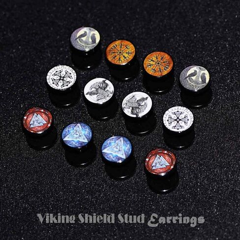 FLYUN Viking Earrings for Men, Fake Gauges, Mens Earrings, Viking Runes Earring Meaning Happiness Joy Wealth Love Power Strength Screw Flat Back Black Stud Faux Ear Plug in Kuwait
