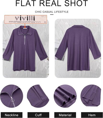 Vivilli Womens Tops Dressy Casual 3/4 Length Sleeve V Neck Shirts and Blouses Zipper Collar Women Polo Shirts in Kuwait