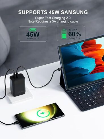 [عبوة من قطعتين] شاحن USB C بقدرة 45 وات - شاحن حائط سامسونج فائق السرعة من النوع C لهاتف Samsung Galaxy S22/S22+/S22 Ultra/S21 Ultra/S21/S21 Plus/S20 Ultra/S20/S20+/Note 20/10/S10/S9 /S8 مع سلك من النوع C بطول 6 أقدام in Kuwait