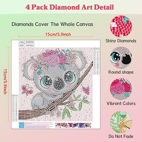 4 Pack Diamond Art Kits for Kids Adults Beginners, 5D Cartoon Animals Diamond Painting Kits for Kids, Mosaic Kits for Adults Beginner, DIY Full Round Drill Gem Art for Home Decor Kids Present 6X6 inch in Saudi Arabia